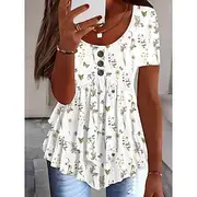 Women's Blouse Floral Stylish Casual Short Sleeve Crew Neck Regular Tops Daily Ruffle Buttons Print White Pink Red Navy Blue Blue Summer Spring
