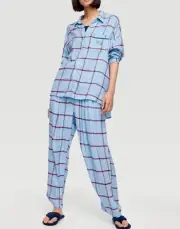 NEW PETER ALEXANDER CHECK TOP & PANTS PJ SET L VISCOSE FLANNELETTE BLUE $159.90