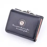 Women PU Leather Floral Clutch Short Solid Buckle Ladies Wallet Mini Portable Credit Card Purse BLACK COLOR