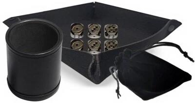 (6) Weighty Zinc Alloy Nickel Dice Black Pips w/Pouch + Rolling Tray + Dice Cup