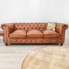 Tan Top Grain Leather Chesterfield Lounge Button Three Seater Sofa Couch