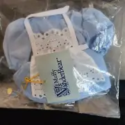 Vintage Muffy Vanderbear Lt Blue Dress, a white pinafore apron, Straw Hat Outfit