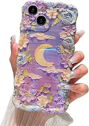 Sayoaho Compatible with iPhone 15 Case for Women, Cute Curly Wave Frame Shape, Colorful Retro Oil Painting Flower Laser Beam Glossy Pattern, Compatible with iPhone 15, Moon