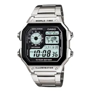 【CASIO 卡西歐】AE-1200WHD 空中飛人方形款世界地圖多時區不鏽鋼電子錶