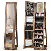 Giantex 360° Swivel Jewelry Armoire Standing Jewelry Organizer w/Full Length Mirror Rustic Brown