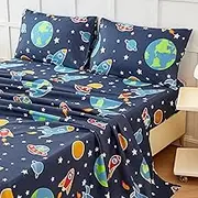 WINLIFE Galaxy Bed Sheet Set Full for Kids Boys,4 Piece Microfiber Bed Sheets, Navy Blue Rocket Spaceship Stars Print Sheets, Soft & Breathable Sheet Set Kids Full Bed Set Deep Pocket