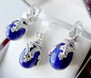 SALE ! SUPERB ENAMEL EGG PENDANT & EARRINGS SET STERLING SILVER GENUINE LAPIS