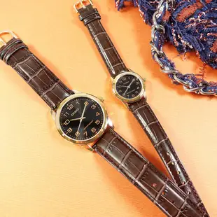 CASIO / 卡西歐 簡約時尚 數字刻度 壓紋皮革手錶 情侶對錶 / 黑x金框x深褐 / 38mm+25mm