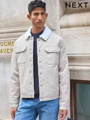 Neutral Borg Collared Denim Trucker Jacket (648464) | $66