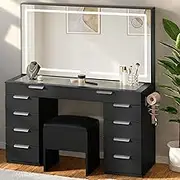 DWVO Vanity Desk Set with Large LED Lighted Mirror & Power Outlet, Glass Top Makeup Vanity with 10 Drawers and Magnifying Glass, 3 Color Modes & Adjustable, Storage Bench