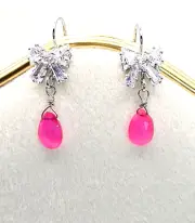 Bow Earrings Hot Pink Chalcedony Drop Hook Hypoallergenic Silver Plated