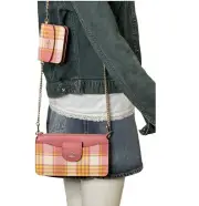 Coach Womens Crossbody Bag Plaid Pink Chain Strap With Pouch Coin Bag Poppy NWT