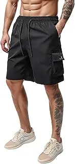 [Generic] Mens Cargo Shorts with Multi Pockets Elastic Waist Plus Size Straight Leg Comfort Drawstring Pants for Work Outdoor, B-black, Small