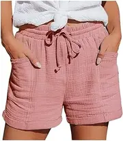 [Generic] Women's Summer Shorts Beach Shorts with Pockets Elastic Waist Stretchy Straight Leg Shorts with Drawstring Linen Trousers