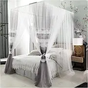4 Corner Post Princess Bed Curtain Canopy for Girls Elegant 3 Openings Double Layer Mosquito Net with Bold Metal Bracket(Size:180×220×210cm,Color:Grey)