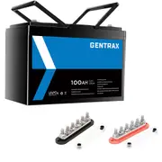 Gentrax 12V 100Ah Lithium Battery + 6 GANG 300A M8 Power Distribution Block Bus Bar 1* Red 1* Black