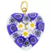GlassOfVenice Murano Glass Millefiori Heart Pendant Medium - Blue Daisies