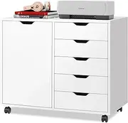 [DEVAISE] 5-Drawer Wood Dresser Chest with Door, Mobile Storage Cabinet, Printer Stand for Home Office