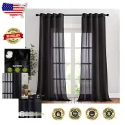 Black Linen Blend Grommet Curtains - Airy Semi-Sheer Window Treatment 52W x 90L