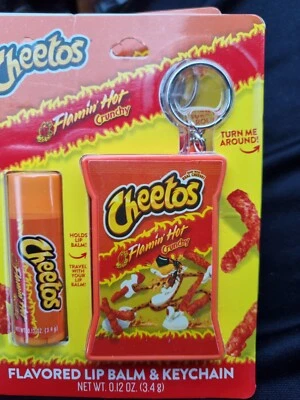 Cheetos flamin hot flavour Lip Balm + Holder Keychain Set New usa import.