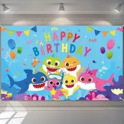 Shark Family Birthday Banner, 6 * 3.6 ft Shark Birthday Decorations Girl 2 3 or Boy, Reusable Party Decorations, Durable Party Supplies Polyester Backdrop, Photography Background (Blue)