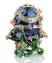 Bejeweled Blue Faberge Egg Hinged Metal Enameled Crystal Trinket box Classic