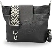 [Brise Art] Brise Women's Genuine Leather Ellie Shoulder Bag Handmade Crossbody Bag with Leather Strap + Optional Widths Patterned Straps 7 Compartments Waterproof Stylish Made in Italy Shoulder Bag, Black
