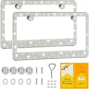 YUNH Bling License Plate Frame for Women,2 Pack Premium Stainless Steel Rhinestone Car License Plate Holder,Handmade Glitter Crystal Diamond Lincense Plate Cover for Girl,Bedazzled Sparkly Caps-White