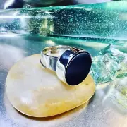Genuine 925 Sterling Silver Large Black Onyx Gemstone Adjustable Ring Size 8/9