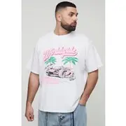 Mens White Plus Oversized Worldwide Palm Print Moto T-Shirt