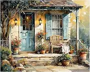 Cottage Garden Paint by Numbers Kit for Adults - DIY Blue Door with Flower Pots Painting on Canvas 16x20 Inches,Acrylic Paint Set,Suitable for Beginners,Outdoor Art for Home Decoration/Gifts