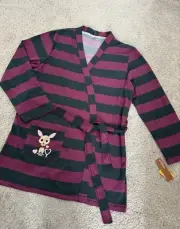 Vintage Paul Frank Women’s Robe, Plum/Grey Striped With Deer&Heart Size L/XL