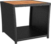 vidaXL Modern Tea Table with Durable PE Rattan Structure, Stable Steel Frame & Solid Acacia Wooden Top in Black - Perfect for Garden and Patio
