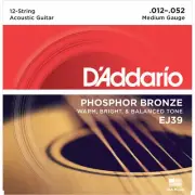 D'Addario Phosphor Bronze 12 String Set, Acoustic Guitar Strings EJ39 Med 12-52
