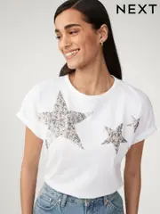 White 100% Cotton Sparkle Sequin Star T-Shirt (N57471) | $29