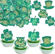 Ephlyn 48Pcs Wafer Paper Lucky Four Leaf Clover Cupcake Topper Edible St Patrick's Day Cake Pick Decorations for St Patrick's Day Party Irish Holiday Party Decorations Supplies