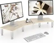 Dual Monitor Stand Riser, Monitor Stand with Adjustable Length and Angle, Wood M