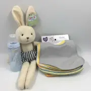 Baby Gift Lot Includes Bottle, 13 Bibs & Stuffed Plush Rabbit - Brand New