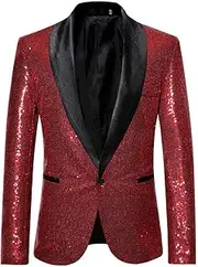 [Generic] Men's Sequins Suit Jacket Shiny Sparkly One Button Blazer Glitter Clothes Party Tuxedo Wedding Prom Festival Costume, I-wine, Small