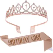 Catzon Birthday Girl Sash & Rhinestone Tiara Kit Birthday Gifts Glitter Birthday Sash Birthday Party Favors -Rosegold