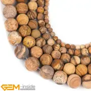 Natural Yellow Picture Jasper Stone Frosted Matte Round Jewelry Making Beads 15"