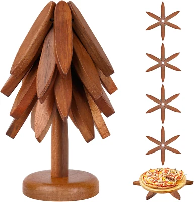 Tree Trivet Set - Foldable Wooden Tree Trivets for Hot Dishes, Set of 4 Heat-Res