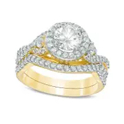 6.0mm Lab-Created White Sapphire Frame Twist Shank Bridal Engagement Ring Set in Sterling Silver with Solid 14K Gold Plate
