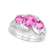 Lab-Created Pink and White Sapphire Three Stone Rolling Wave Split Shank Bridal Engagement Ring Set in Sterling Silver