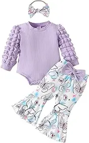 [Generic] Kid Clothes Girl 7 8 Hoodie Ribbed Patchwork Bubble Sleeve Bodysuit Butterfly Print Flared Pants Set New Mother Clothes