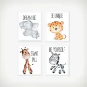 4 x A4 Unframed Nursery/Baby/Girls/Boys Jungle Animals Cute Gift Wall Prints