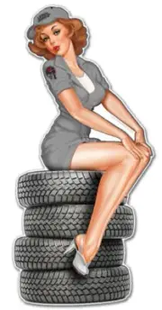 PINUP GIRL SITTING ON CAR TIRES 24" HEAVY DUTY USA MADE METAL HOME DECOR SIGN