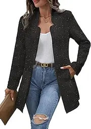 [Mina Self] Fall Long Tweed Blazer Jacket for Women Open Front Long Sleeve Fashion Casual Elegant Work Suit with Pockets