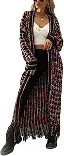 [Perbai] Womens Boho Cardigan Sweater Open Front Fringed Tassels Aztec Maxi Cardigan Jacket