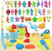 REMOKING Toddler Toys 2 in 1 Magnetic Fishing Game&Beach Toy Set, Baby Bath Toys for Toddlers,Sand Toys for Boys Girls Age 3 4 5 6,Summer Outdoor Games, Birthday Gifts for 3-8 Year Old Kids